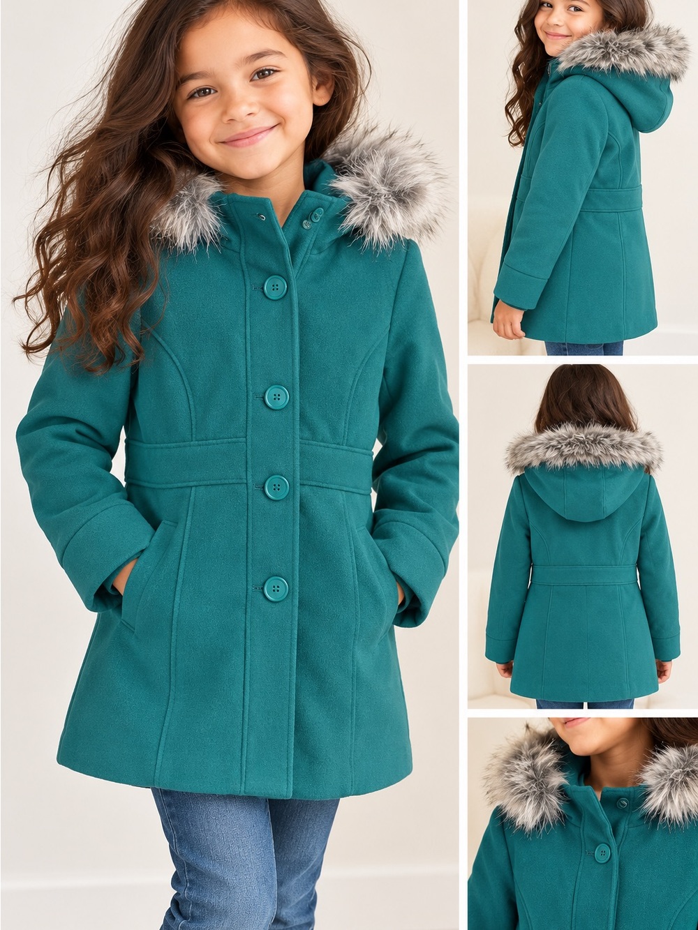 NWT Cat & Jack Girls Teal Hooded Faux Fur Winter Coat Size M
